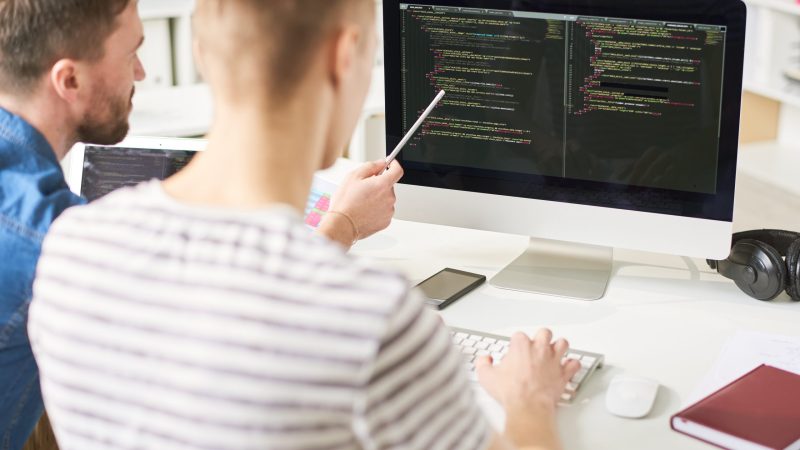Rear view of coders discussing computer program script, serious bearded expert pointing at monitor and explaining data to programmer in office